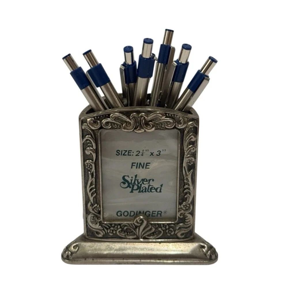 Vintage Godinger 1991 Silver Plated Triangular 3 Photo Frame Pen Flower Holder